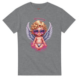 Gray t-shirt with a graphic of a baby angel wearing sunglasses on a white background