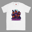 White t-shirt with Halloween-themed design featuring pumpkins and text on a white background