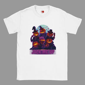 White t-shirt with Halloween-themed design featuring pumpkins and text on a white background