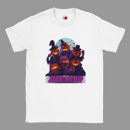 White t-shirt with Halloween-themed design featuring pumpkins and text on a white background