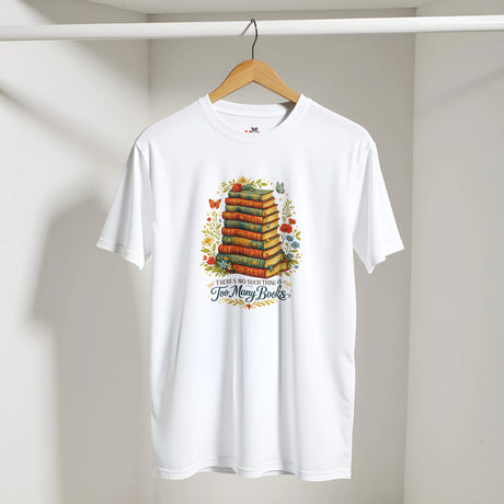 White t-shirt with book-themed design on a hanger against a plain background