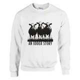 A cozy unisex sweatshirt featuring a bold graphic of three black cows standing in grass with the playful phrase “An Udder Story” beneath them. The design is printed on neutral-colored sweatshirts, including pink, grey, and white. Perfect for animal lovers, farmers, or anyone who enjoys humorous, farmhouse-inspired fashion.