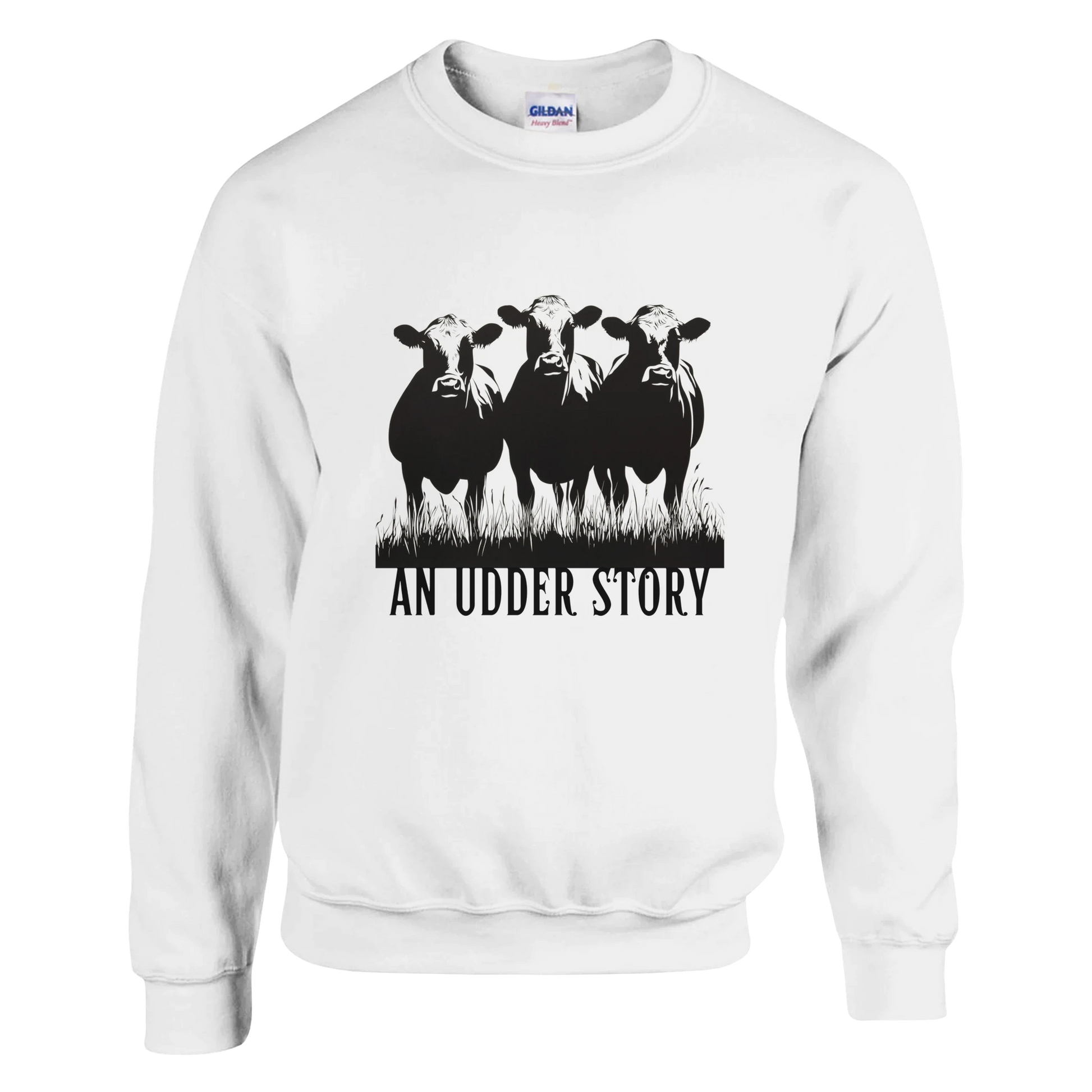 A cozy unisex sweatshirt featuring a bold graphic of three black cows standing in grass with the playful phrase “An Udder Story” beneath them. The design is printed on neutral-colored sweatshirts, including pink, grey, and white. Perfect for animal lovers, farmers, or anyone who enjoys humorous, farmhouse-inspired fashion.