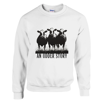 A cozy unisex sweatshirt featuring a bold graphic of three black cows standing in grass with the playful phrase “An Udder Story” beneath them. The design is printed on neutral-colored sweatshirts, including pink, grey, and white. Perfect for animal lovers, farmers, or anyone who enjoys humorous, farmhouse-inspired fashion.