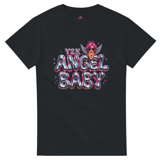 Black t-shirt with '192K Angel Baby' graphic design on a white background