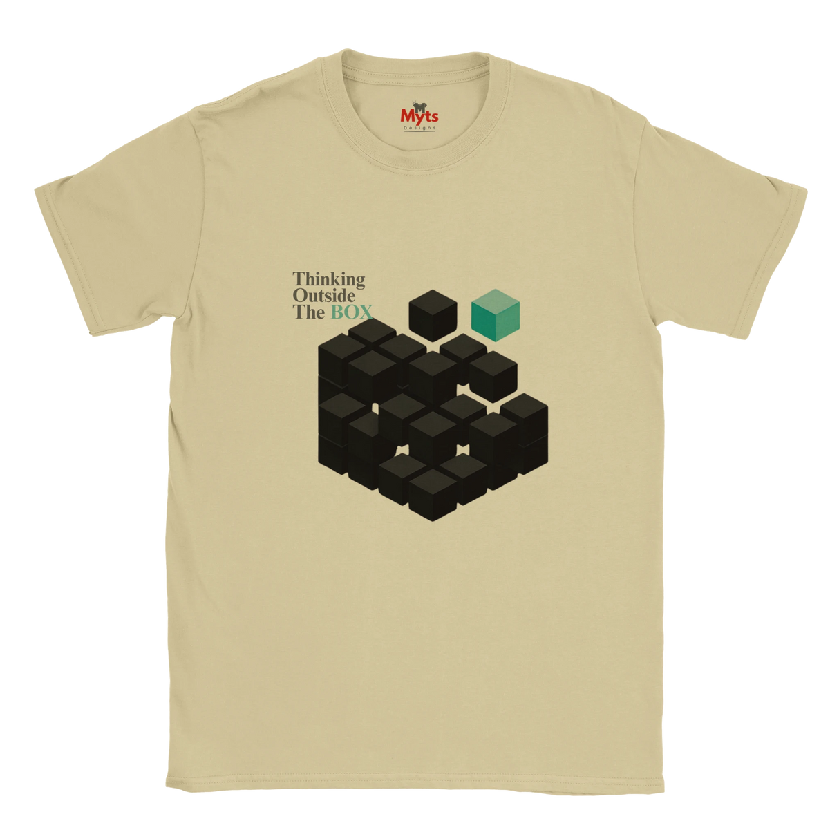 Beige t-shirt with geometric design and text 'Thinking Outside The Box' on a white background