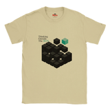 Beige t-shirt with geometric design and text 'Thinking Outside The Box' on a white background