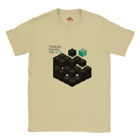 Beige t-shirt with geometric design and text 'Thinking Outside The Box' on a white background
