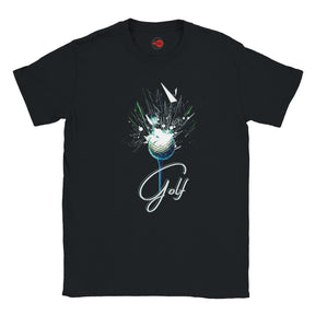Black t-shirt with a graphic design of a golf ball and the word 'Golf' on a white background