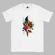 “White unisex T-shirt featuring an abstract geometric face design inspired by Picasso’s Cubist art, with bold shapes and vibrant colors, available from MytsDesigns.com”