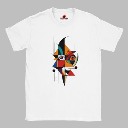 “White unisex T-shirt featuring an abstract geometric face design inspired by Picasso’s Cubist art, with bold shapes and vibrant colors, available from MytsDesigns.com”
