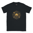 Black t-shirt with a celestial design on a white background