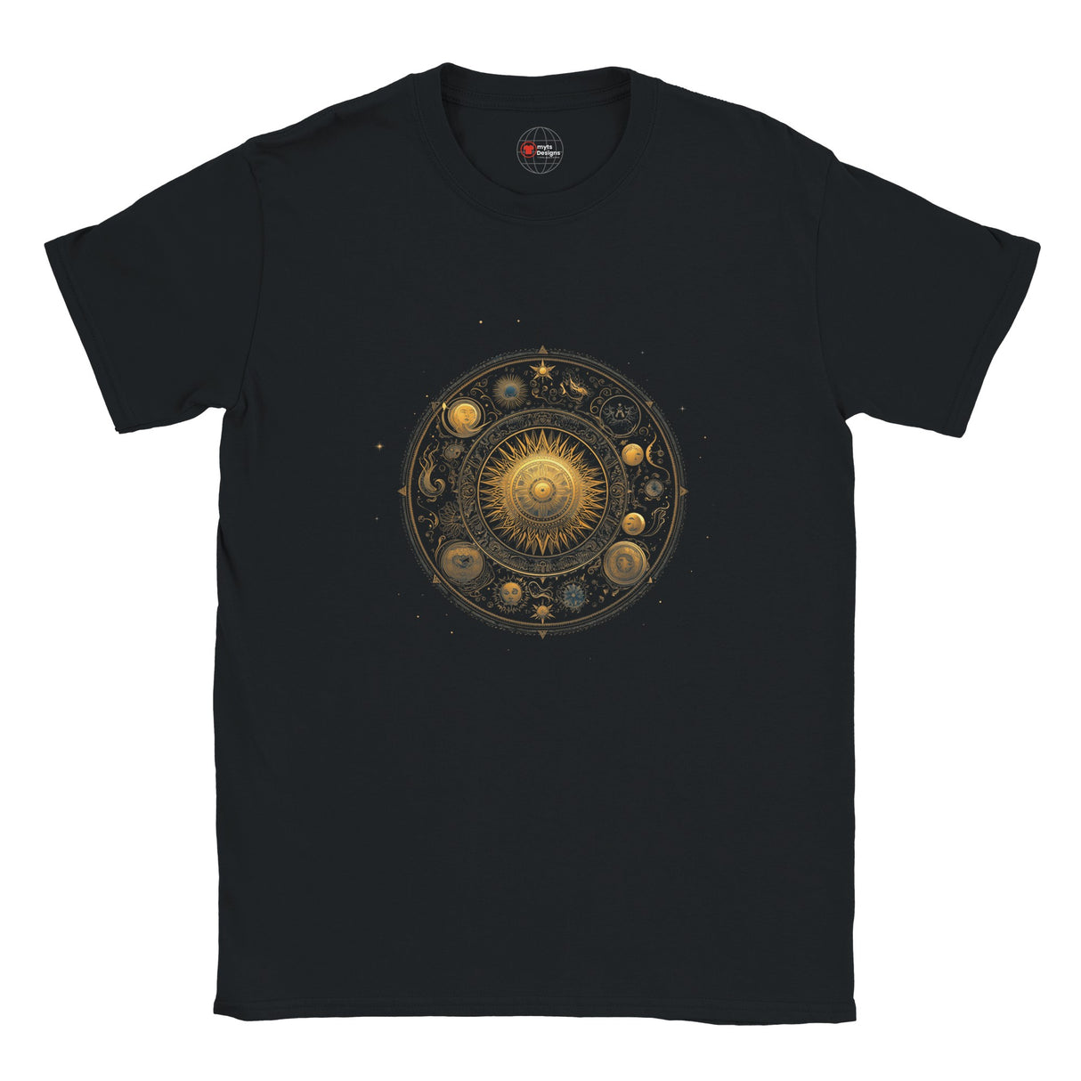 Black t-shirt with a celestial design on a white background