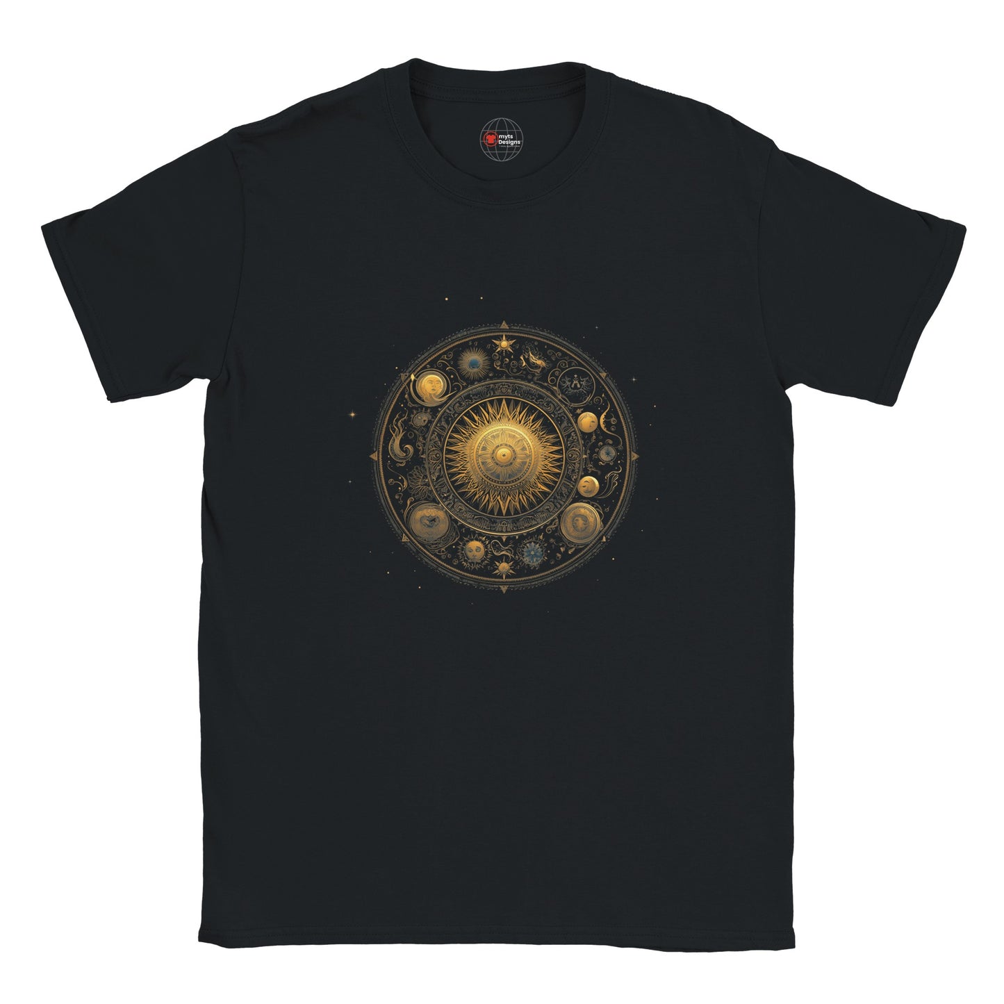 Black t-shirt with a celestial design on a white background