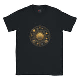 Black t-shirt with a celestial design on a white background
