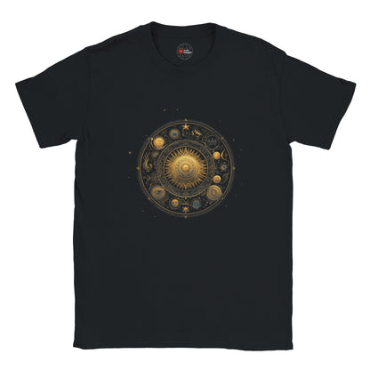 Black t-shirt with a celestial design on a white background