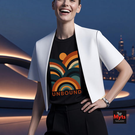 A woman wearing a black graphic T-shirt with a retro rainbow design and the word 'UNBOUND' printed on the front, styled with a white short-sleeve blazer and black pants. The background is a futuristic dark blue cityscape at night.