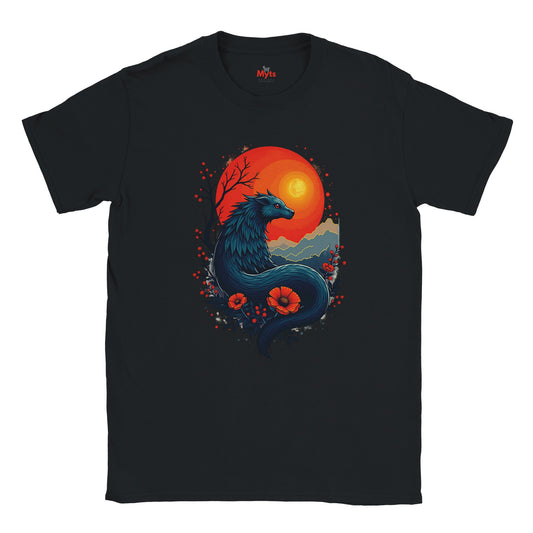 Black t-shirt with a dragon design featuring a sunset and flowers on a white background