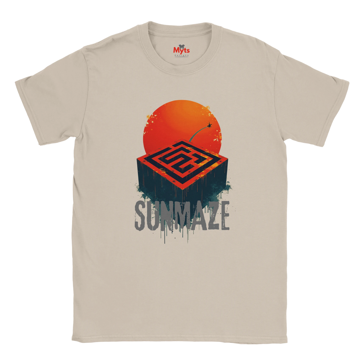 Natural t-shirt with a graphic design of a sun and maze, labeled 'Sunmaze', on a white background.