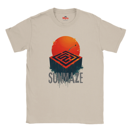 Natural t-shirt with a graphic design of a sun and maze, labeled 'Sunmaze', on a white background.