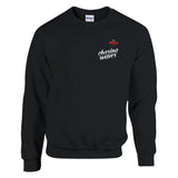 Black sweatshirt with a colorful abstract design on the chest against a white background