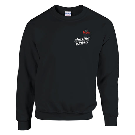 Black sweatshirt with a colorful abstract design on the chest against a white background