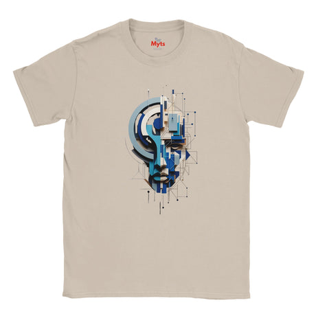 A beige crewneck t-shirt featuring a blue and white geometric graphic of a face on the front, with the red 'Myts' brand logo printed inside the collar.