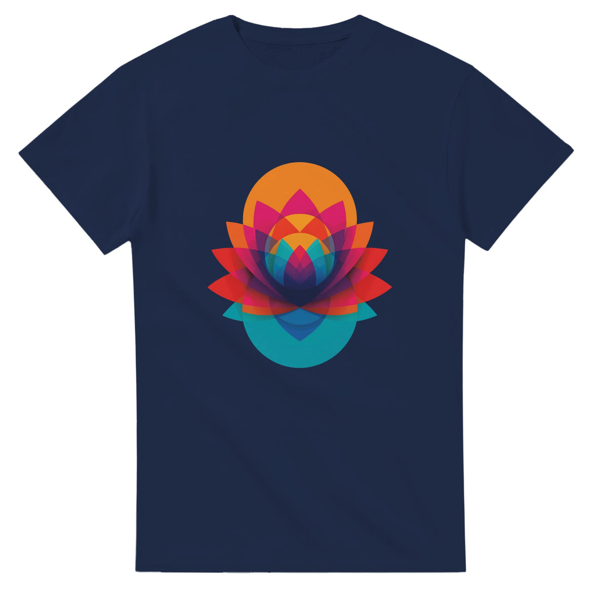 Navy blue t-shirt with a colorful geometric flower design on a white background