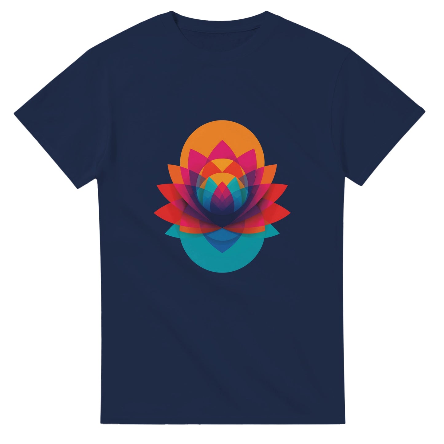 Navy blue t-shirt with a colorful geometric flower design on a white background