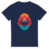 Navy blue t-shirt with a colorful geometric flower design on a white background