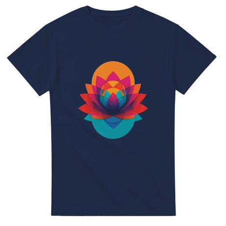 Navy blue t-shirt with a colorful geometric flower design on a white background