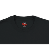 Close-up of a black crewneck t-shirt showing the inner neck label with the red and white 'Myts' brand logo.