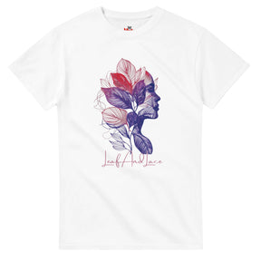 White t-shirt with colorful leaf design and 'Leaf And Lace' text on a white background