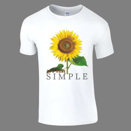 A white crew-neck t-shirt with a bold sunflower graphic and the text 'It's That Simple' printed on the front.
