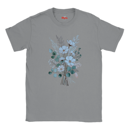 A gray short-sleeve crewneck t-shirt featuring a central graphic of a bouquet with light blue and white flowers, teal-green leaves, and dried botanical stems. The brand name 'Mits' is printed in red inside the collar.