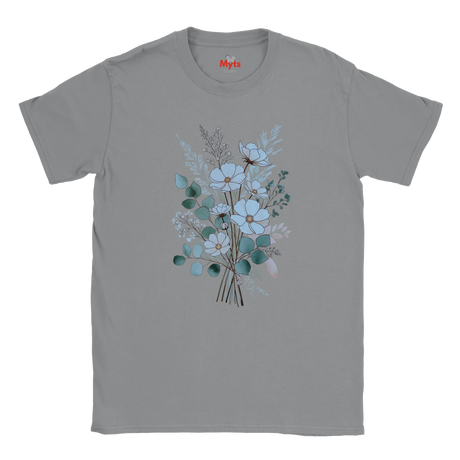 A gray short-sleeve crewneck t-shirt featuring a central graphic of a bouquet with light blue and white flowers, teal-green leaves, and dried botanical stems. The brand name 'Mits' is printed in red inside the collar.