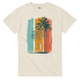 Natural t-shirt with a palm tree and surfboard design on a white background