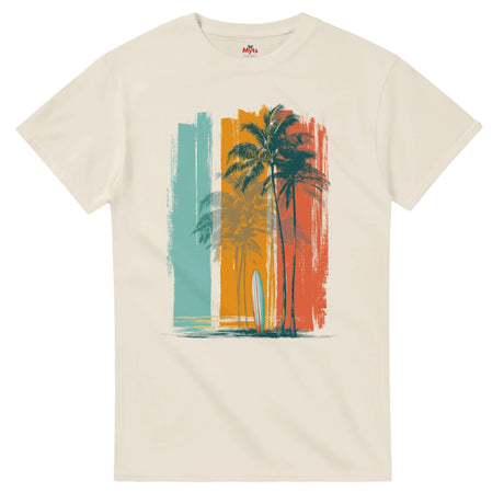 Natural t-shirt with a palm tree and surfboard design on a white background