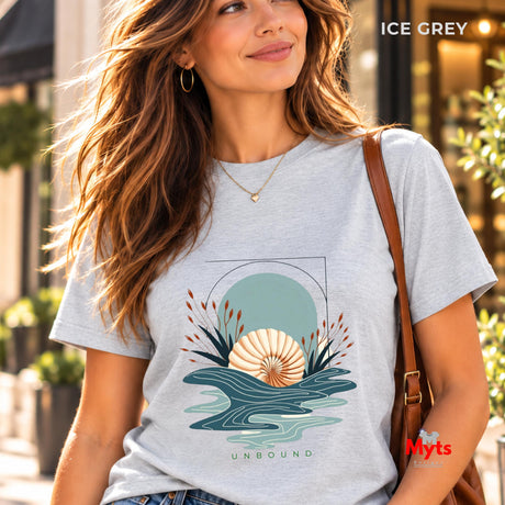 A woman wearing an Ice Grey Minimalistic oceanic design