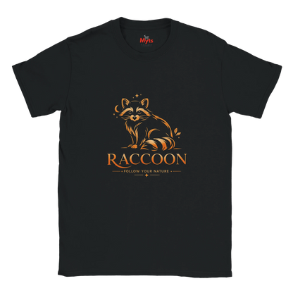 A black short-sleeve crewneck t-shirt featuring a stylized orange raccoon graphic above the word 'RACCOON' and the phrase 'FOLLOW YOUR NATURE'. The inner neck label shows the brand 'Myths'.