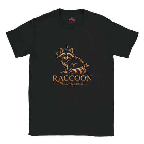 A black short-sleeve crewneck t-shirt featuring a stylized orange raccoon graphic above the word 'RACCOON' and the phrase 'FOLLOW YOUR NATURE'. The inner neck label shows the brand 'Myths'.