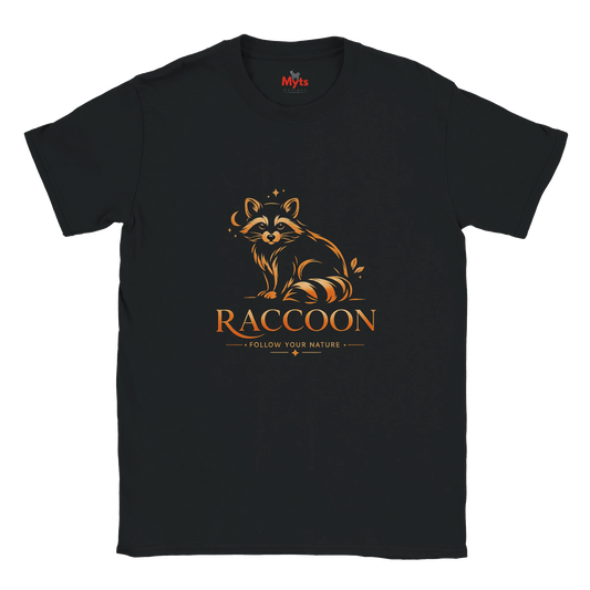 A black short-sleeve crewneck t-shirt featuring a stylized orange raccoon graphic above the word 'RACCOON' and the phrase 'FOLLOW YOUR NATURE'. The inner neck label shows the brand 'Myths'.