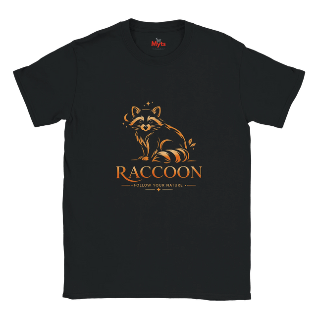 A black short-sleeve crewneck t-shirt featuring a stylized orange raccoon graphic above the word 'RACCOON' and the phrase 'FOLLOW YOUR NATURE'. The inner neck label shows the brand 'Myths'.