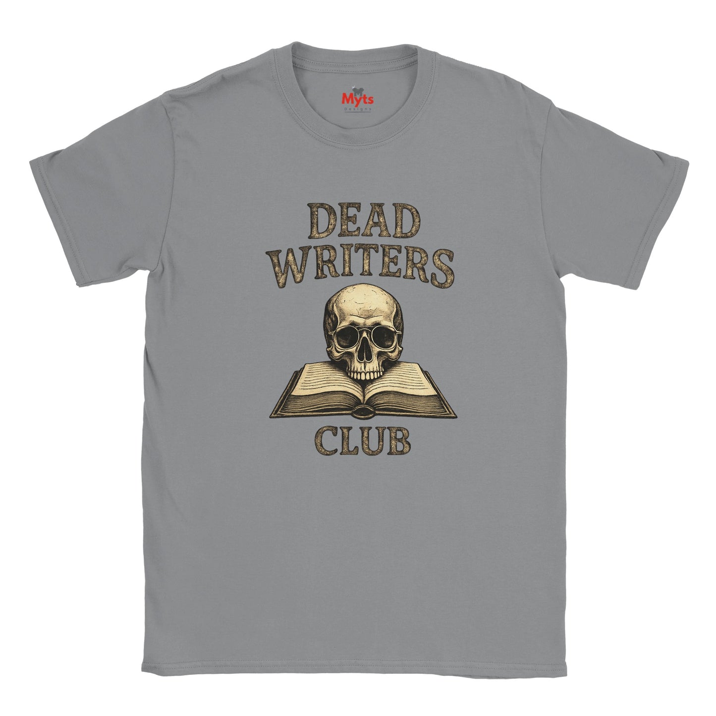 Sports Gray t-shirt with 'Dead Writers Club' graphic featuring a skull and book on a white background