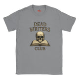 Sports Gray t-shirt with 'Dead Writers Club' graphic featuring a skull and book on a white background