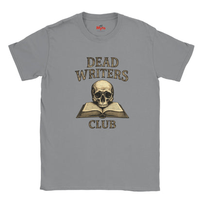 Sports Gray t-shirt with 'Dead Writers Club' graphic featuring a skull and book on a white background