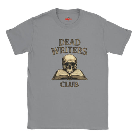 Sports Gray t-shirt with 'Dead Writers Club' graphic featuring a skull and book on a white background