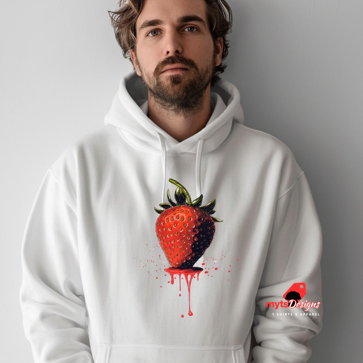 Dripping Strawberry Hoodie, Trendy Graphic Hoodie, Fruit Print Sweatshirt, Cute Strawberry Design, Cozy Casual Hoodie