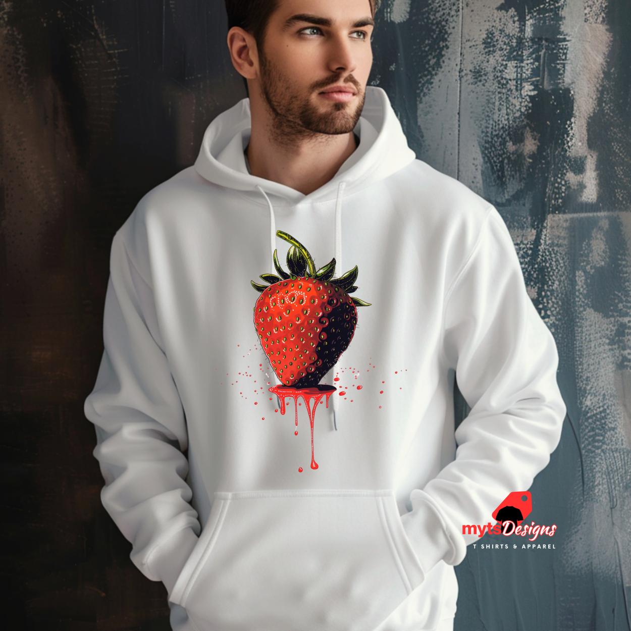 Dripping Strawberry Hoodie, Trendy Graphic Hoodie, Fruit Print Sweatshirt, Cute Strawberry Design, Cozy Casual Hoodie