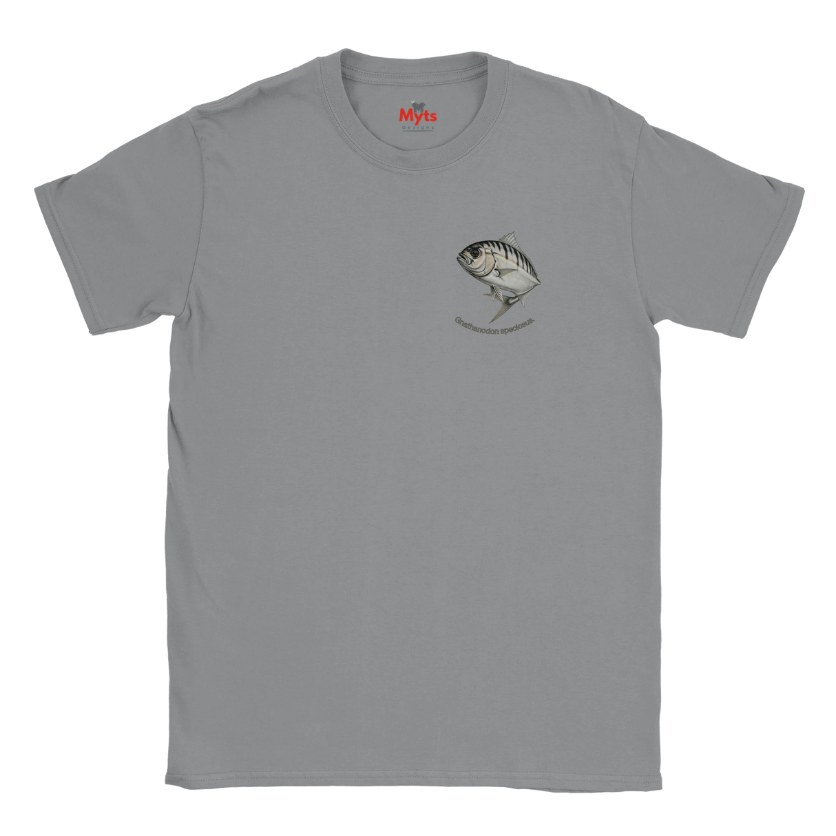 Gray t-shirt with a fish graphic on a white background